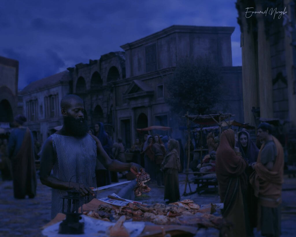 The Suya Man in Ancient Rome The Suya Man in Ancient Rome, Digital and Print, 8 x 10in, March 08, 2019 The time-traveling suya man sets up shop in an ancient Roman market.