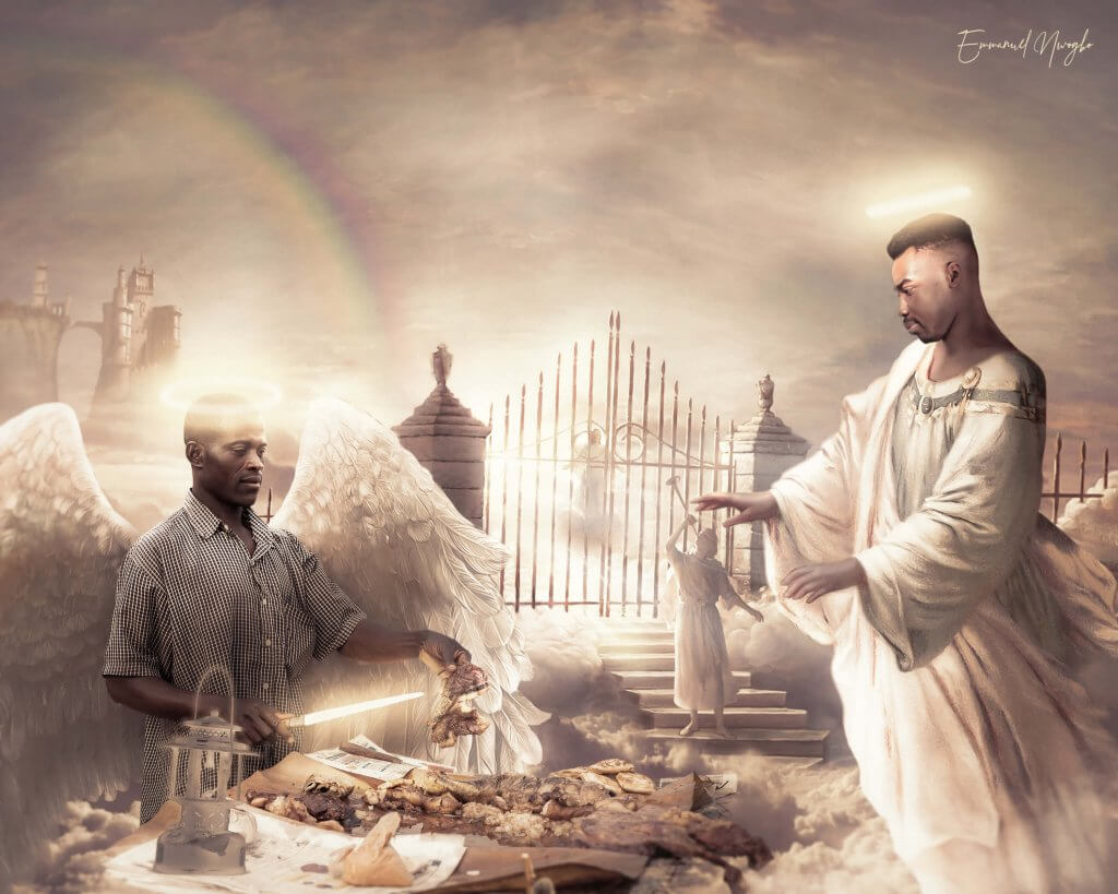 The Suya Man at the Pearly Gates The Suya Man at the Pearly Gates, Digital and Print, 8 x 10in, April 19, 2019 Good Friday Edition: The suya man also happens to be an Angel at the pearly gates. Food for thought, why are depictions of heavenly angels rarely black?