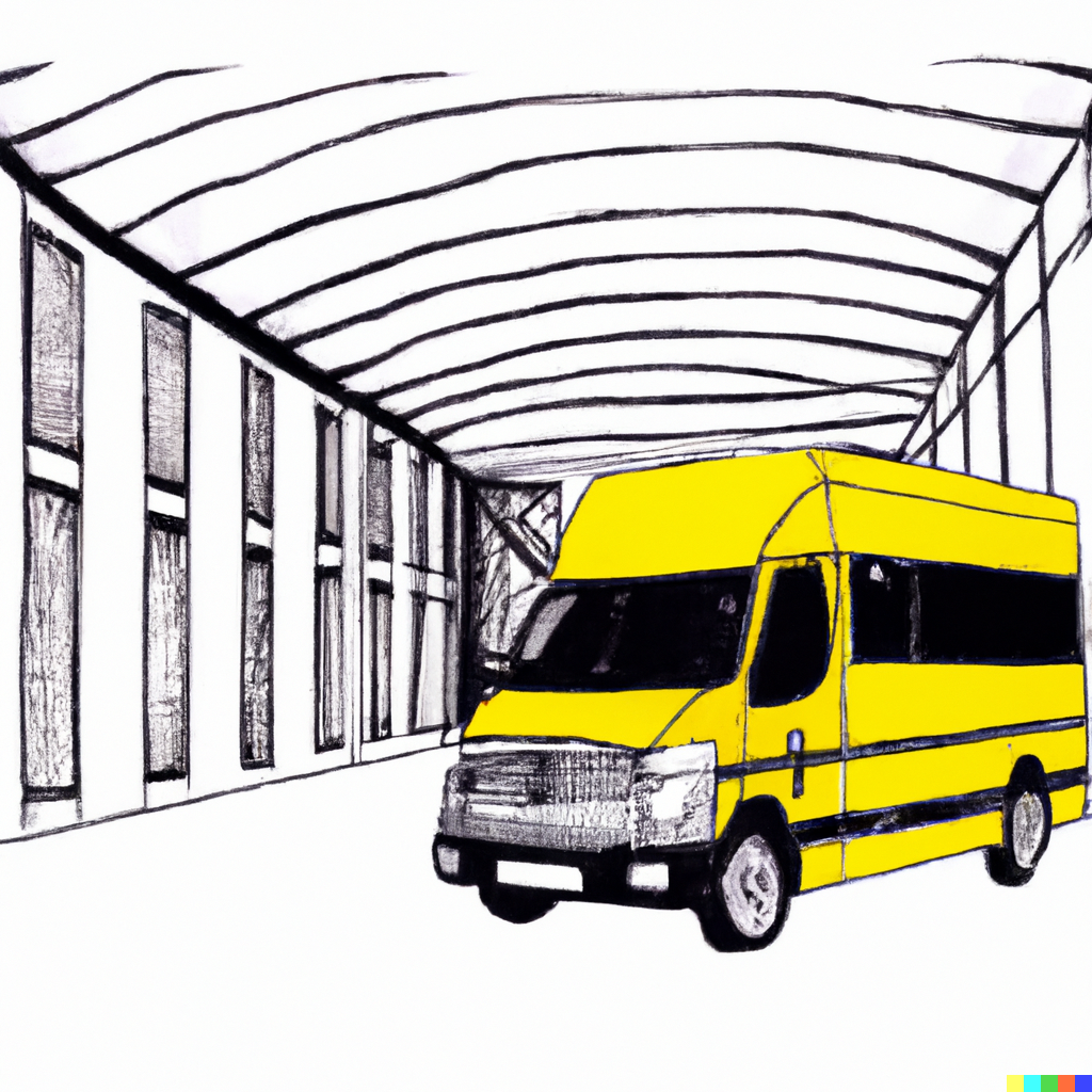 DALL·E : A sketch of a danfo (yellow mini bus with black stripes popular in Lagos) inside a gallery | Pearl Lam Chronicles Her First Trip to Lagos