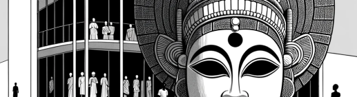 A-black-and-white-cartoon-style-drawing-of-the-Nigeria-Pavilion-at-the-Venice-Biennale-depicting-the-Queen-Idia-mask-to-represent-Benin