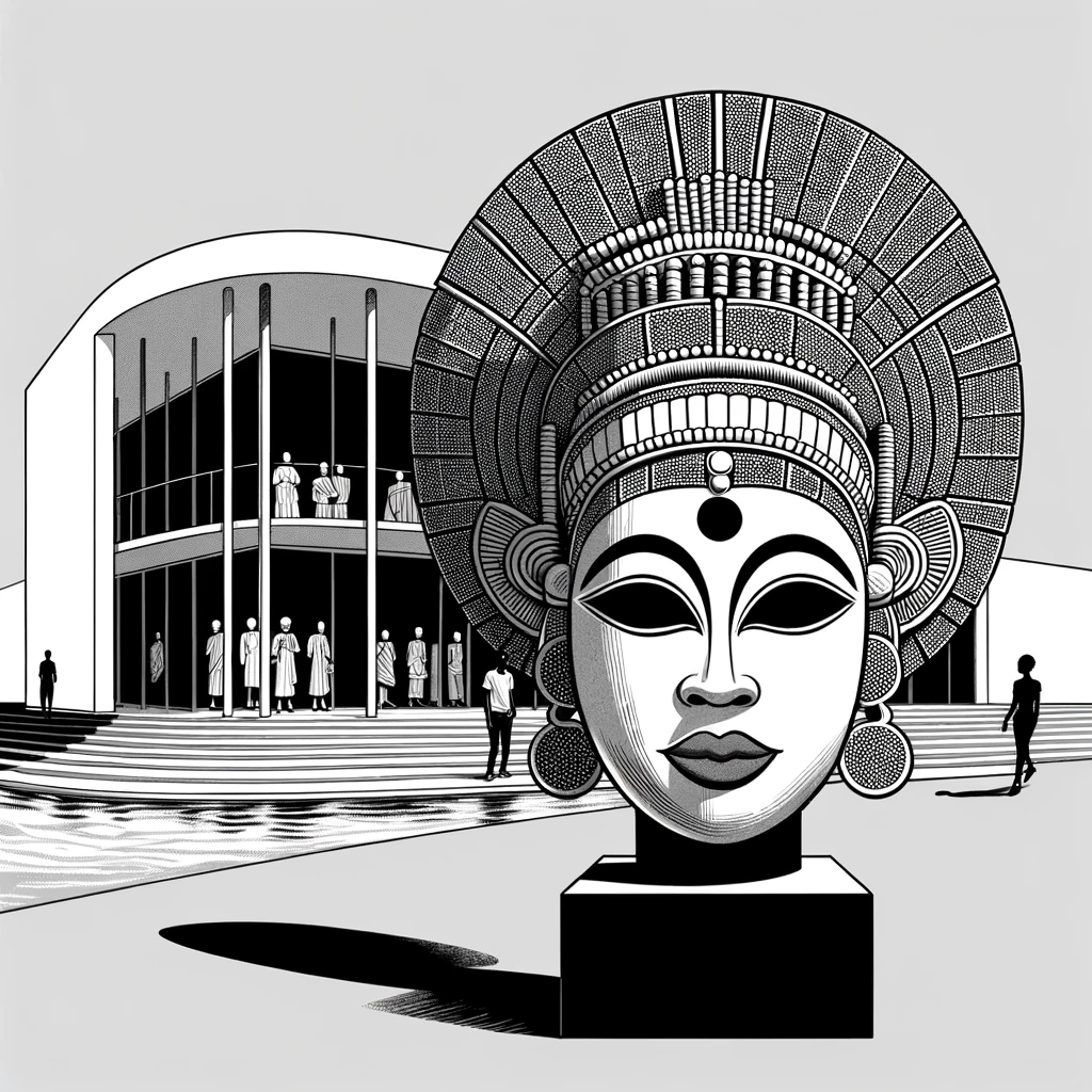 A-black-and-white-cartoon-style-drawing-of-the-Nigeria-Pavilion-at-the-Venice-Biennale-depicting-the-Queen-Idia-mask-to-represent-Benin