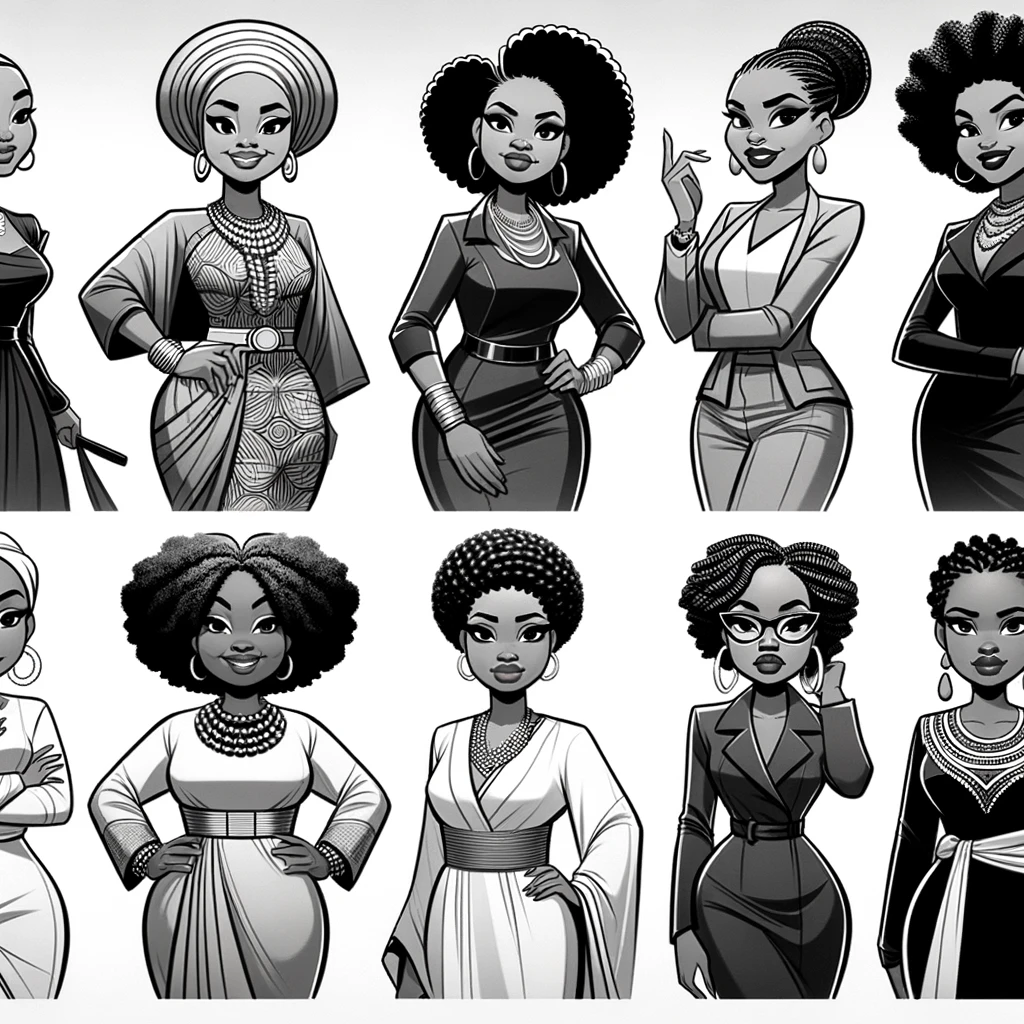 Cartoon images of eight African women depicted as modern matriarchs in monochrome black and white. Each woman is shown in a confident and empowering pose, reflecting modern leadership and strength.