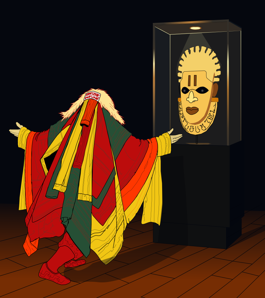An Egúngún masquerade in red, yellow, green, and orange robes stands with arms outstretched toward a Queen Idia ivory mask, which is displayed inside a glass museum vitrine lit by a single overhead spotlight.