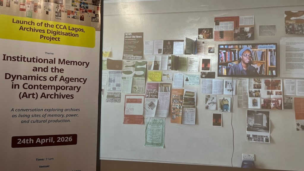 ALT TEXT: Photo of the CCA event banner and a project image of magazines in CCA’s collection. Credit: Ugo Anna Ude