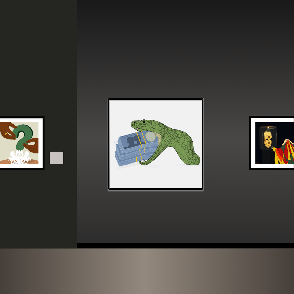 Snake swallowing cash art piece on a gallery wall - artistic rendering.